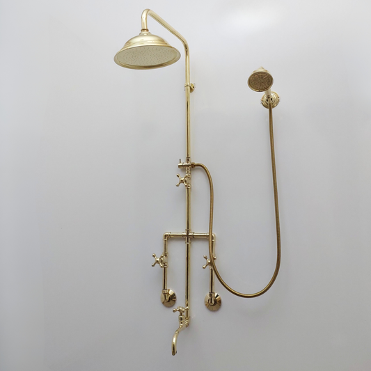 Unlacquered Brass Shower System with Round Rain Shower Head, Handheld Shower Head, Tub Filler, and Cross Handles - Ref: SS2H8TFC