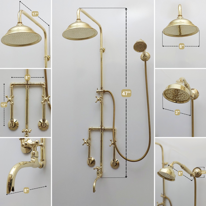 Unlacquered Brass Shower System with Round Rain Shower Head, Handheld Shower Head, Tub Filler, and Cross Handles - Ref: SS2H8TFC