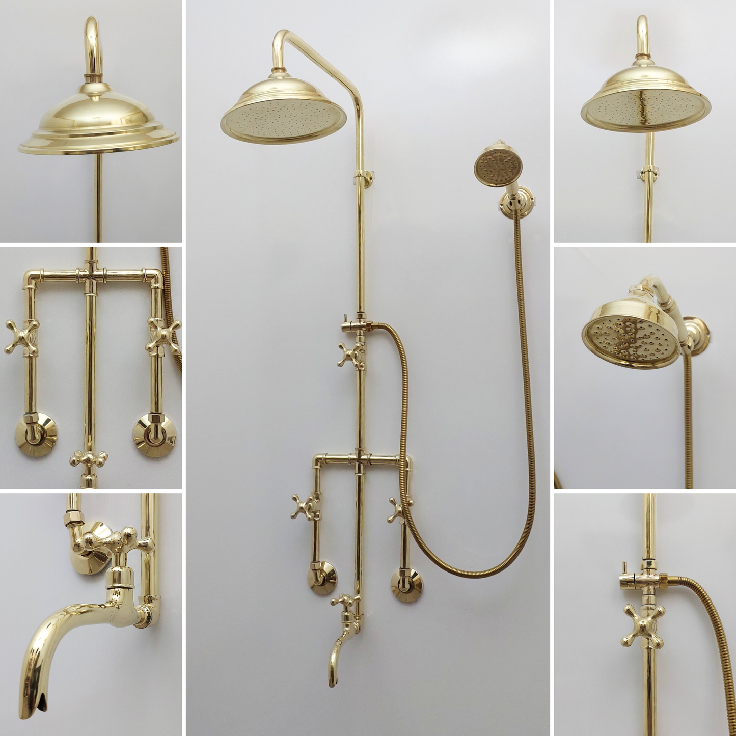 Unlacquered Brass Shower System with Round Rain Shower Head, Handheld Shower Head, Tub Filler, and Cross Handles - Ref: SS2H8TFC