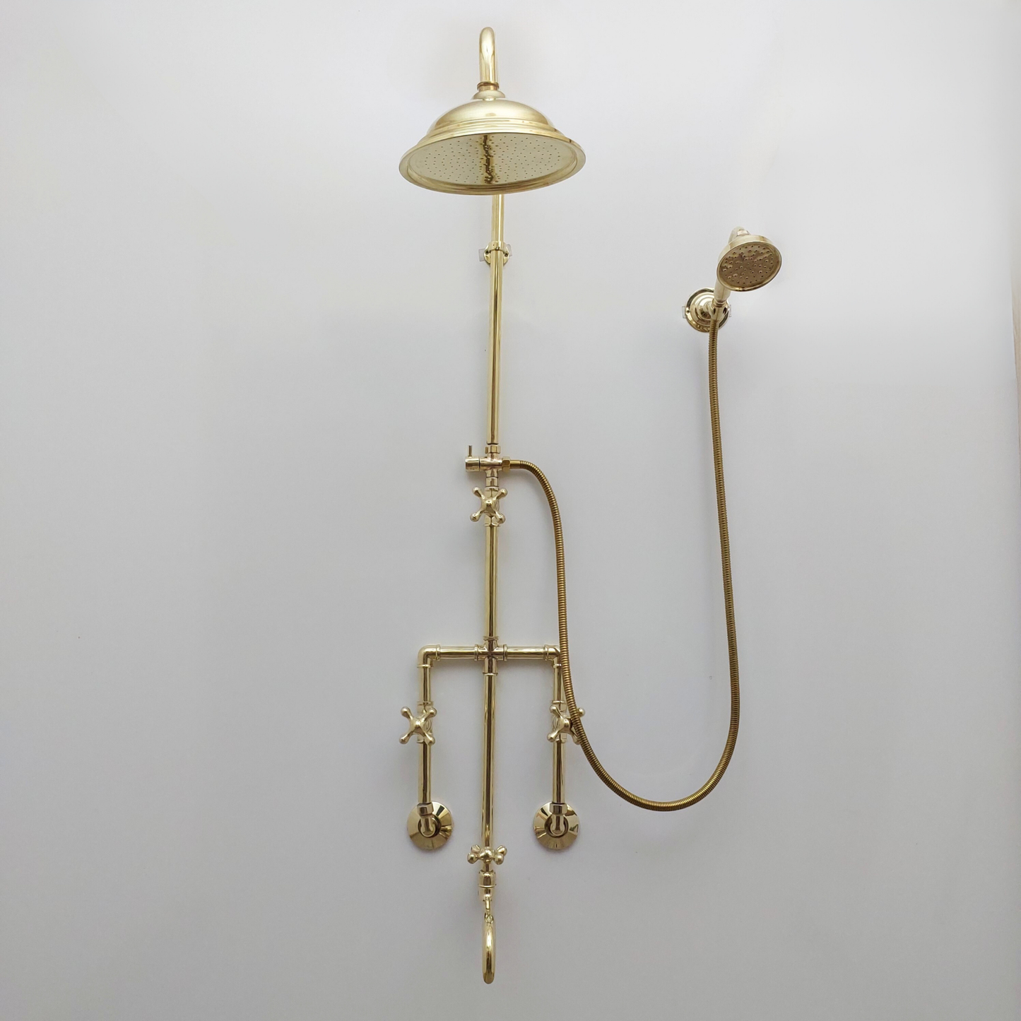 Unlacquered Brass Shower System with Round Rain Shower Head, Handheld Shower Head, Tub Filler, and Cross Handles - Ref: SS2H8TFC