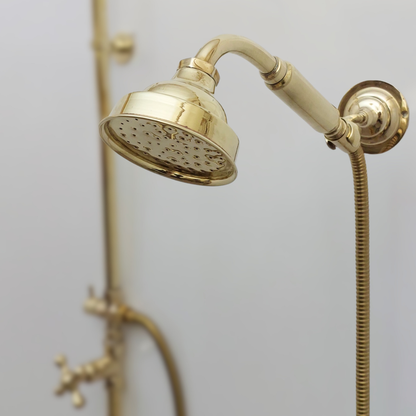 Unlacquered Brass Shower System with Round Rain Shower Head, Handheld Shower Head, Tub Filler, and Cross Handles - Ref: SS2H8TFC