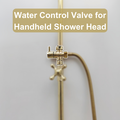 Unlacquered Brass Shower System with Round Rain Shower Head, Handheld Shower Head, Tub Filler, and Cross Handles - Ref: SS2H8TFC