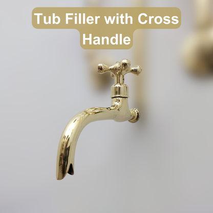 Unlacquered Brass Shower System with Round Rain Shower Head, Handheld Shower Head, Tub Filler, and Cross Handles - Ref: SS2H8TFC