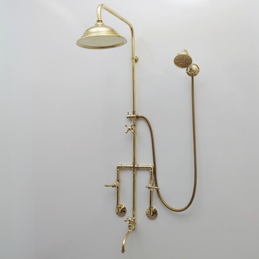 Unlacquered Brass Shower System with Round Rain Shower Head, Handheld Shower Head, Tub Filler, and Lever Handles - Ref: SS2H8TFL