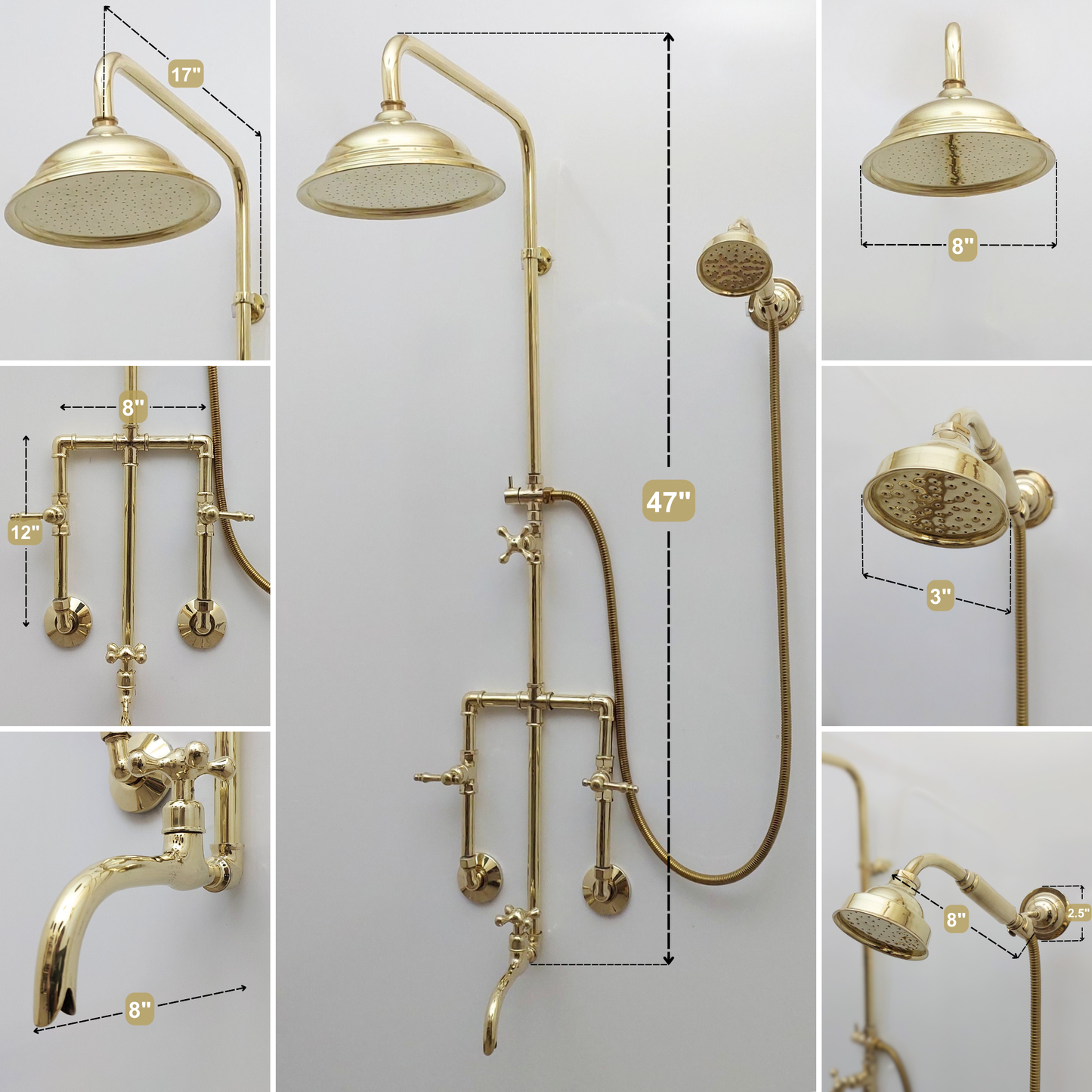 Unlacquered Brass Shower System with Round Rain Shower Head, Handheld Shower Head, Tub Filler, and Lever Handles - Ref: SS2H8TFL