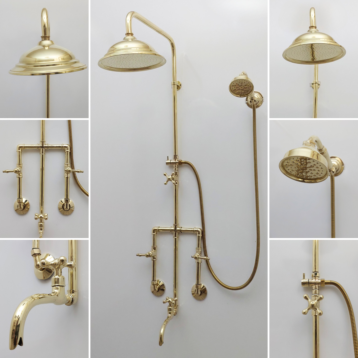 Unlacquered Brass Shower System with Round Rain Shower Head, Handheld Shower Head, Tub Filler, and Lever Handles - Ref: SS2H8TFL