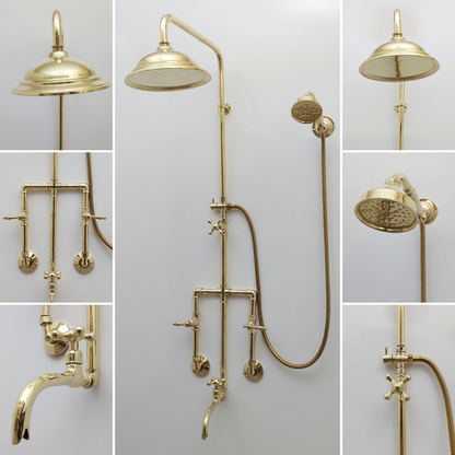 Unlacquered Brass Shower System with Round Rain Shower Head, Handheld Shower Head, Tub Filler, and Lever Handles - Ref: SS2H8TFL