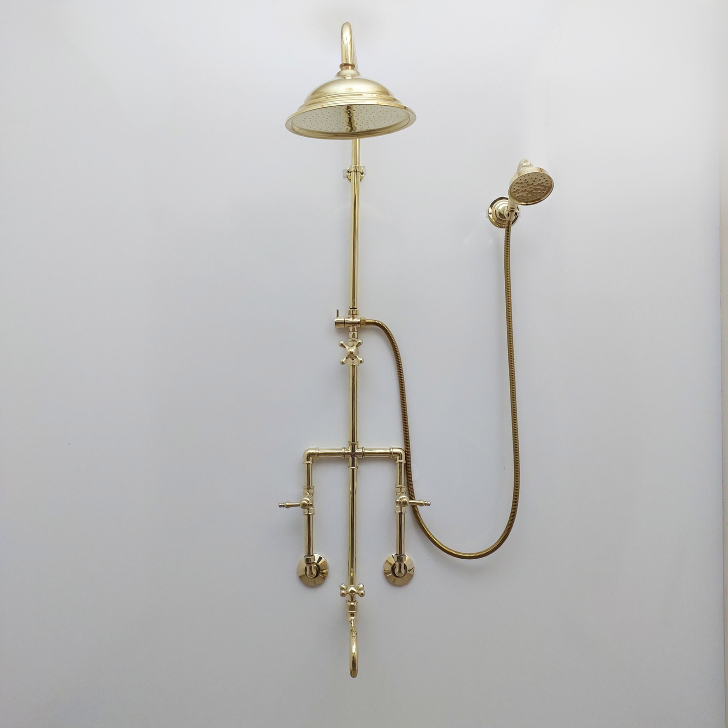 Unlacquered Brass Shower System with Round Rain Shower Head, Handheld Shower Head, Tub Filler, and Lever Handles - Ref: SS2H8TFL