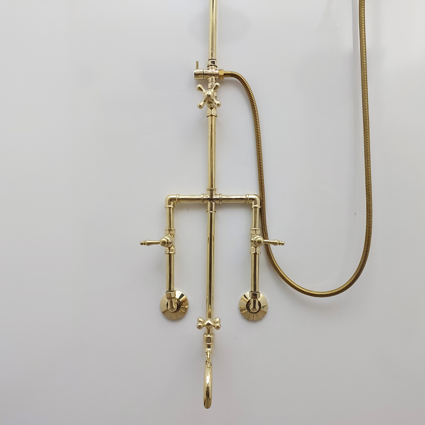 Unlacquered Brass Shower System with Round Rain Shower Head, Handheld Shower Head, Tub Filler, and Lever Handles - Ref: SS2H8TFL