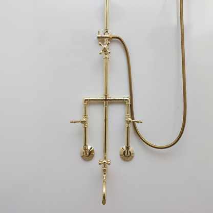 Unlacquered Brass Shower System with Round Rain Shower Head, Handheld Shower Head, Tub Filler, and Lever Handles - Ref: SS2H8TFL