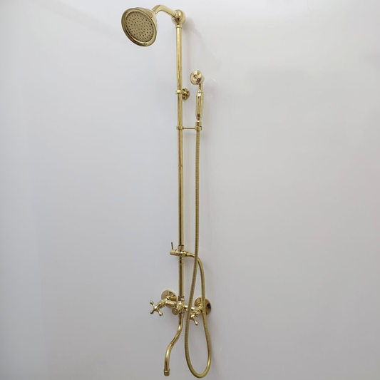 Unlacquered Brass Shower System with Round Shower Head, Handheld Shower Head, Tub Filler, and Cross Handles - Ref: SSH8TFC