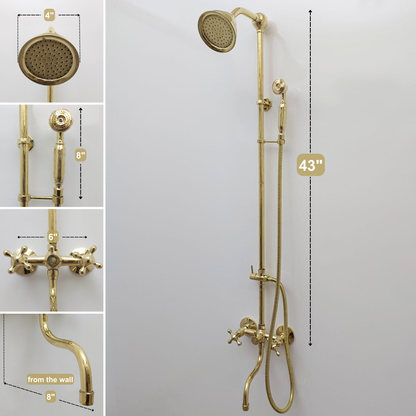 Unlacquered Brass Shower System with Round Shower Head, Handheld Shower Head, Tub Filler, and Cross Handles - Ref: SSH8TFC