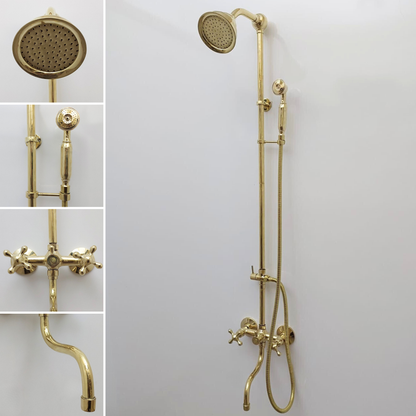 Unlacquered Brass Shower System with Round Shower Head, Handheld Shower Head, Tub Filler, and Cross Handles - Ref: SSH8TFC