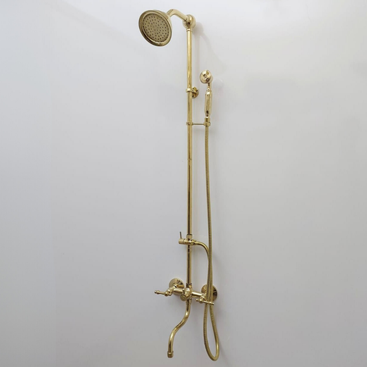 Unlacquered Brass Shower System with Round Shower Head, Handheld Shower Head, Tub Filler, and Lever Handles - Ref: SSH8TFL