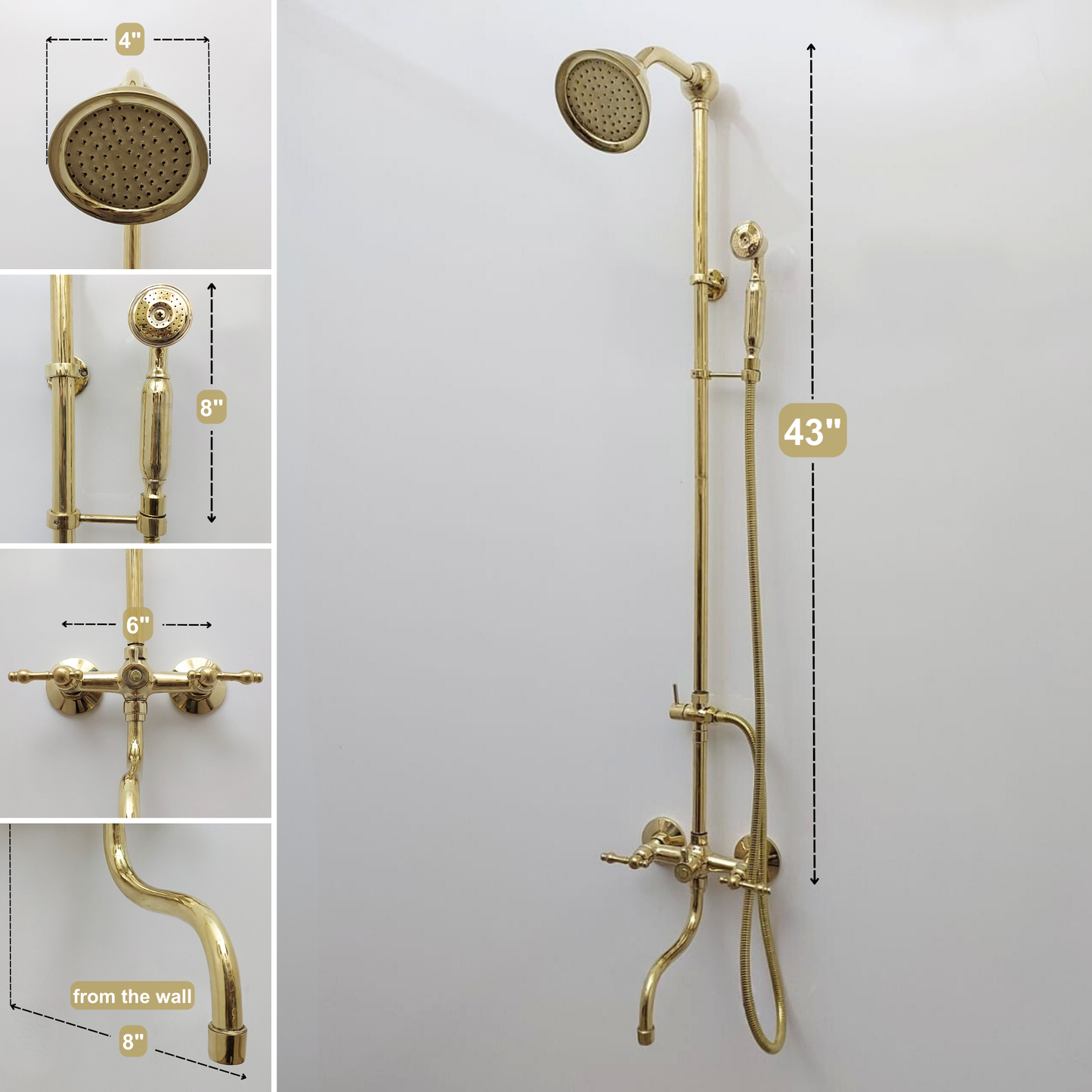 Unlacquered Brass Shower System with Round Shower Head, Handheld Shower Head, Tub Filler, and Lever Handles - Ref: SSH8TFL