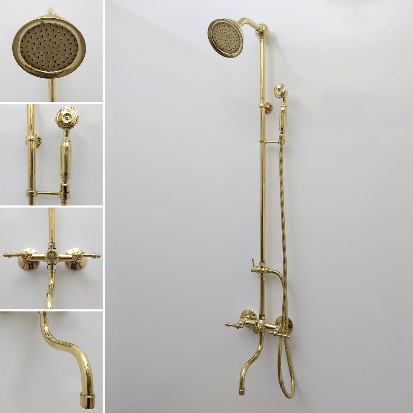 Unlacquered Brass Shower System with Round Shower Head, Handheld Shower Head, Tub Filler, and Lever Handles - Ref: SSH8TFL