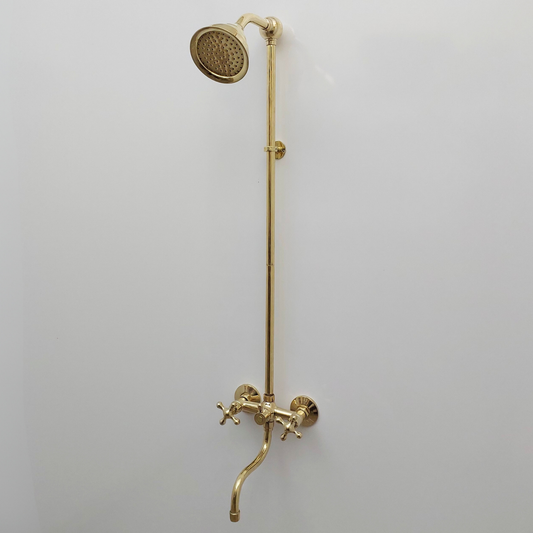 Unlacquered Brass Shower System with Round Shower Head, Tub Filler, and Cross Handles - Ref: SS8TFC