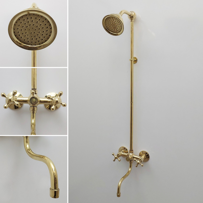 Unlacquered Brass Shower System with Round Shower Head, Tub Filler, and Cross Handles - Ref: SS8TFC