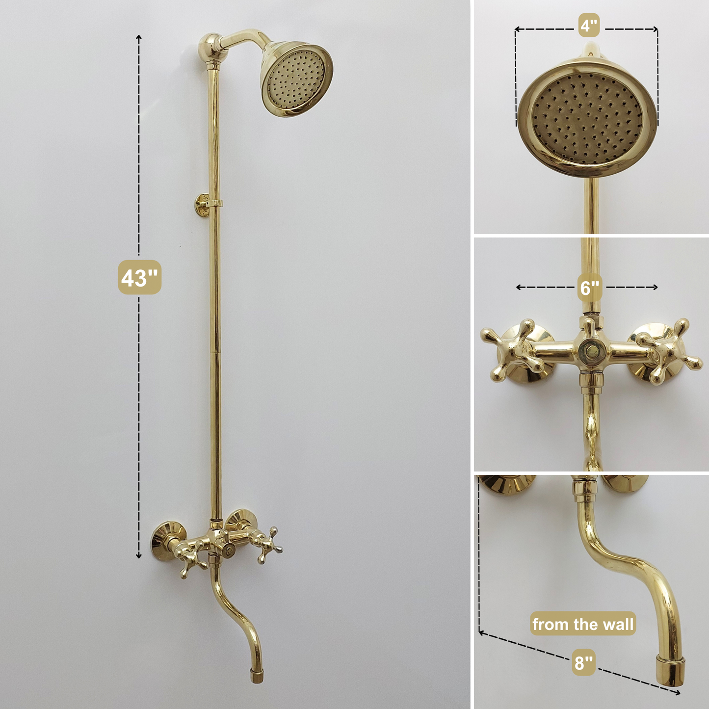 Unlacquered Brass Shower System with Round Shower Head, Tub Filler, and Cross Handles - Ref: SS8TFC