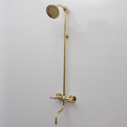 Unlacquered Brass Shower System with Round Shower Head, Tub Filler, and Lever Handles - Ref: SS8TFL