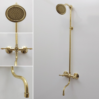 Unlacquered Brass Shower System with Round Shower Head, Tub Filler, and Lever Handles - Ref: SS8TFL