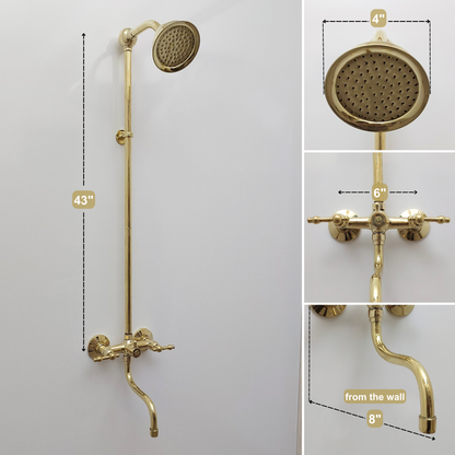 Unlacquered Brass Shower System with Round Shower Head, Tub Filler, and Lever Handles - Ref: SS8TFL