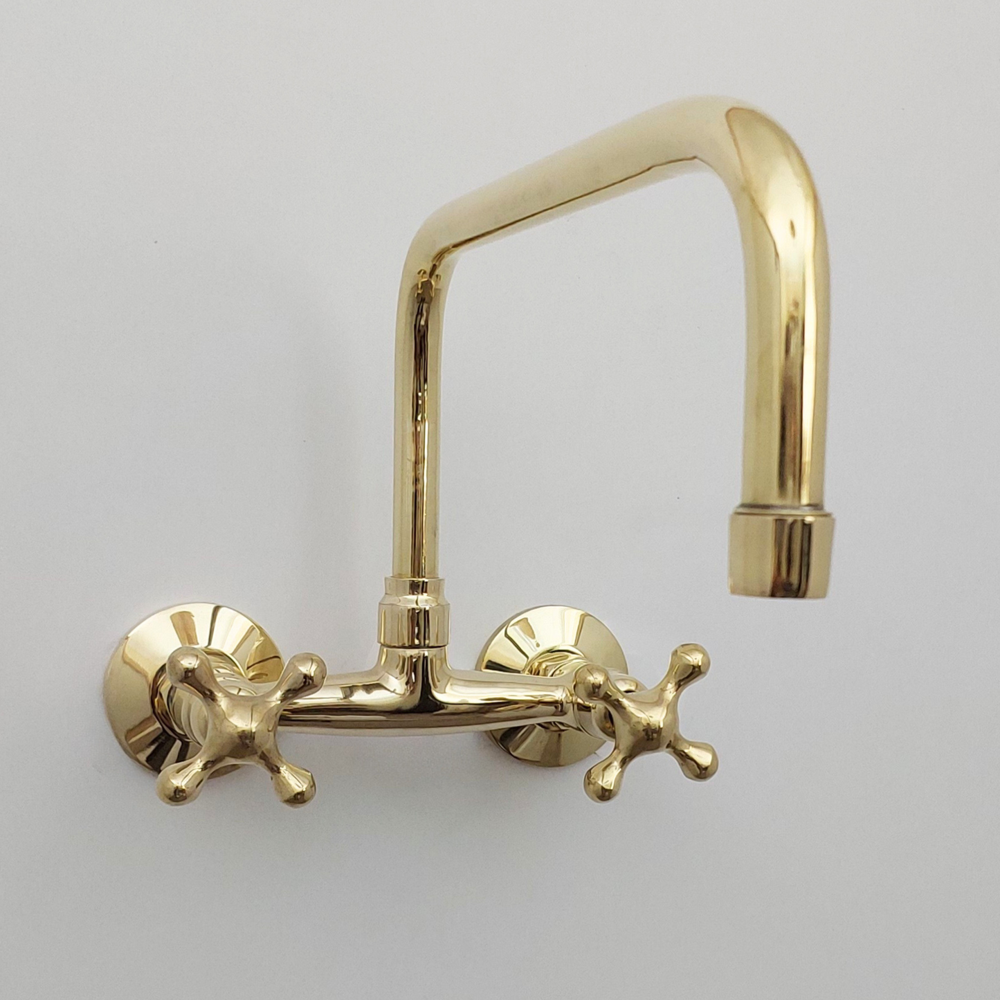 Unlacquered Brass Wall Mount Faucet, Solid Brass Bridge Faucet with Cross Handles - Ref: WFUBC001