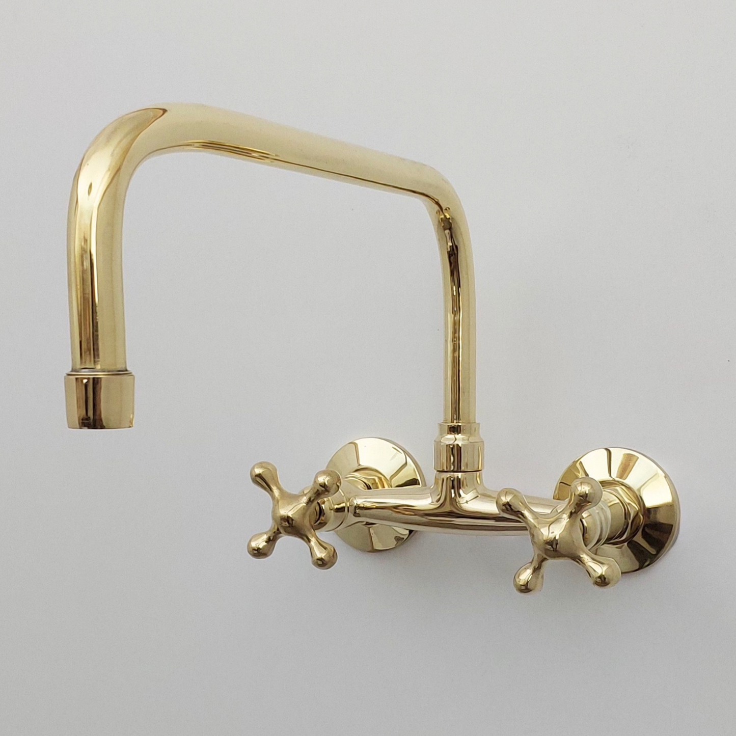 Unlacquered Brass Wall Mount Faucet, Solid Brass Bridge Faucet with Cross Handles - Ref: WFUBC001