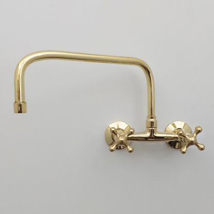 Unlacquered Brass Wall Mount Faucet, Solid Brass Bridge Faucet with Cross Handles - Ref: WFUBC001