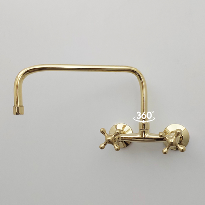 Unlacquered Brass Wall Mount Faucet, Solid Brass Bridge Faucet with Cross Handles - Ref: WFUBC001