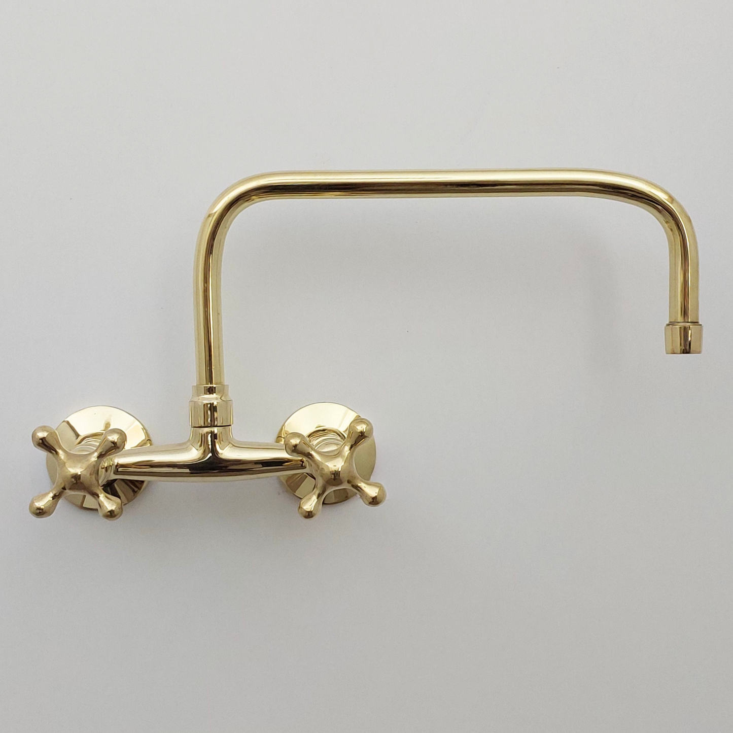 Unlacquered Brass Wall Mount Faucet, Solid Brass Bridge Faucet with Cross Handles - Ref: WFUBC001