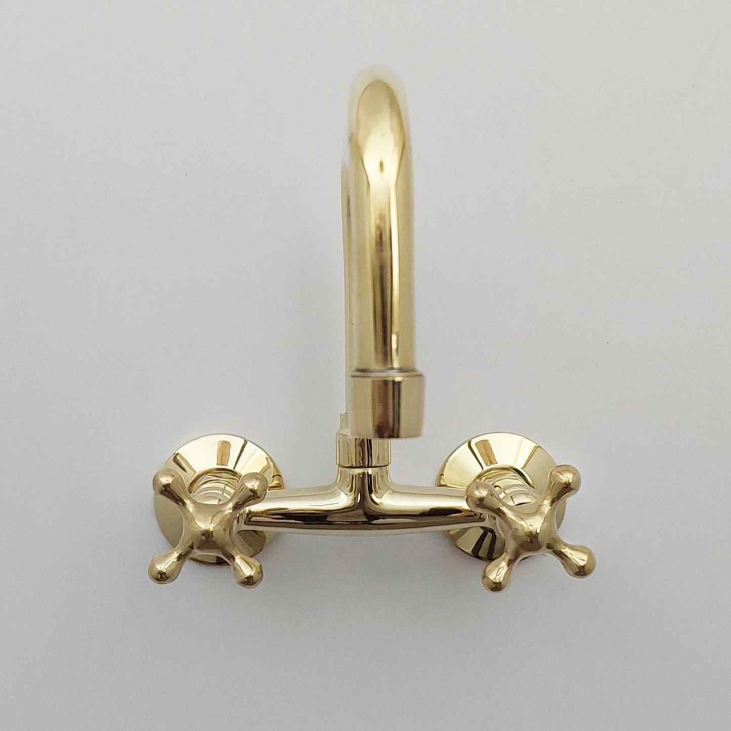 Unlacquered Brass Wall Mount Faucet, Solid Brass Bridge Faucet with Cross Handles - Ref: WFUBC001