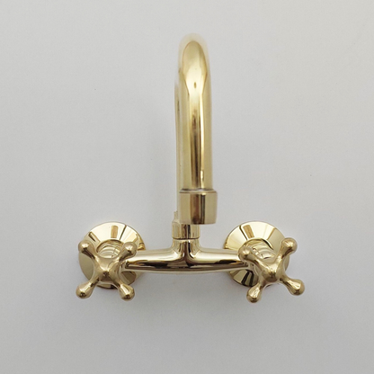 Unlacquered Brass Wall Mount Faucet, Solid Brass Bridge Faucet with Cross Handles - Ref: WFUBC001