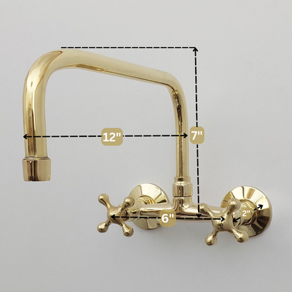 Unlacquered Brass Wall Mount Faucet, Solid Brass Bridge Faucet with Cross Handles - Ref: WFUBC001