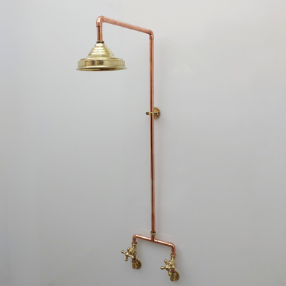 Unlacquered Brass and Copper Shower System with Round Rain Shower Head and Cross handles - Ref: SS-UBC-C-001