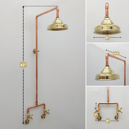 Unlacquered Brass and Copper Shower System with Round Rain Shower Head and Cross handles - Ref: SS-UBC-C-001