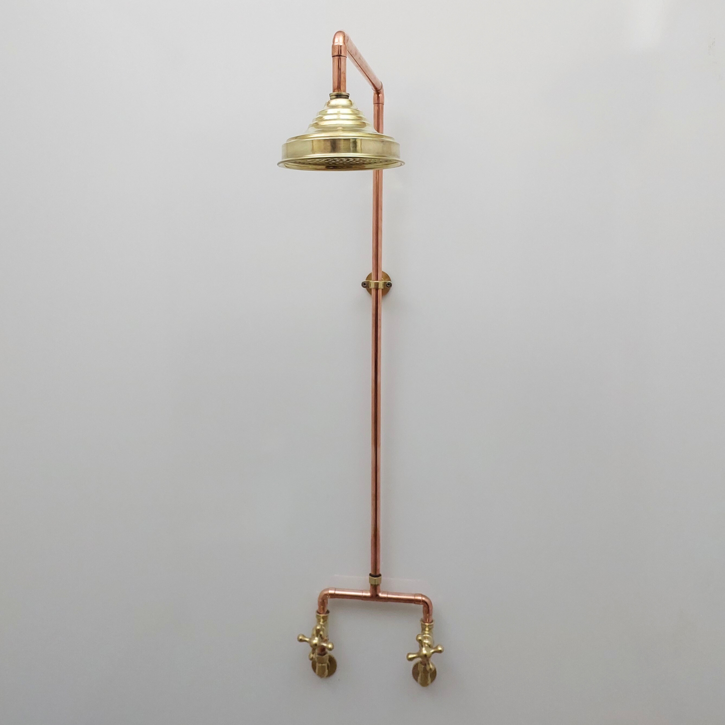 Unlacquered Brass and Copper Shower System with Round Rain Shower Head and Cross handles - Ref: SS-UBC-C-001