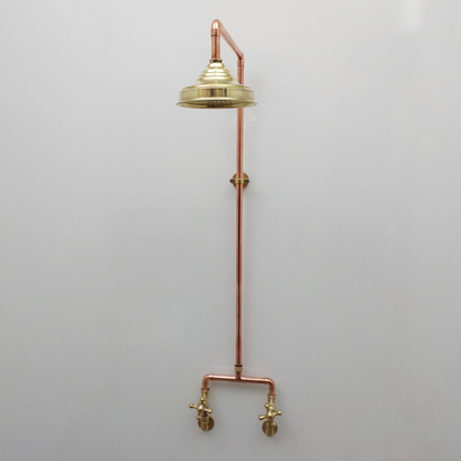 Unlacquered Brass and Copper Shower System with Round Rain Shower Head and Cross handles - Ref: SS-UBC-C-001