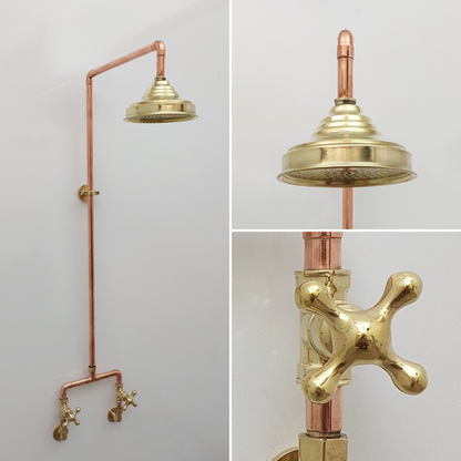 Unlacquered Brass and Copper Shower System with Round Rain Shower Head and Cross handles - Ref: SS-UBC-C-001