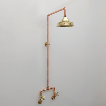 Unlacquered Brass and Copper Shower System with Round Rain Shower Head and Cross handles - Ref: SS-UBC-C-001