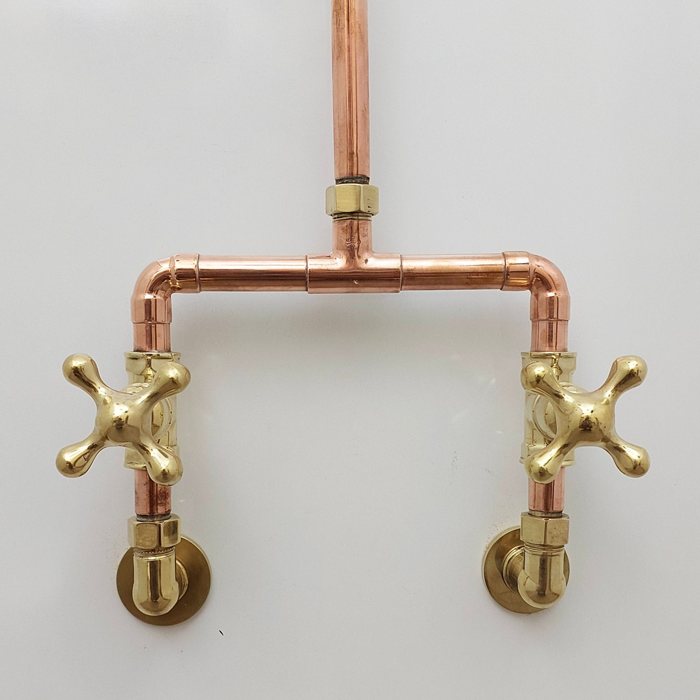 Unlacquered Brass and Copper Shower System with Round Rain Shower Head and Cross handles - Ref: SS-UBC-C-001