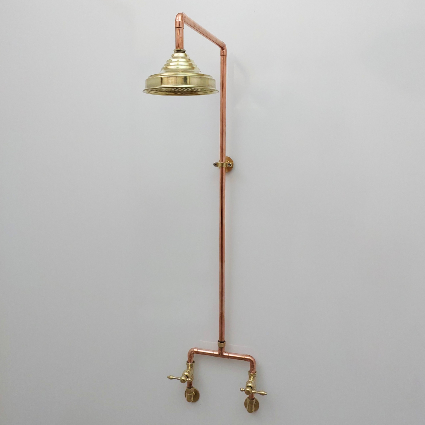 Unlacquered Brass and Copper Shower System with Round Rain Shower Head and Lever handles - Ref: SS-UBC-L-001