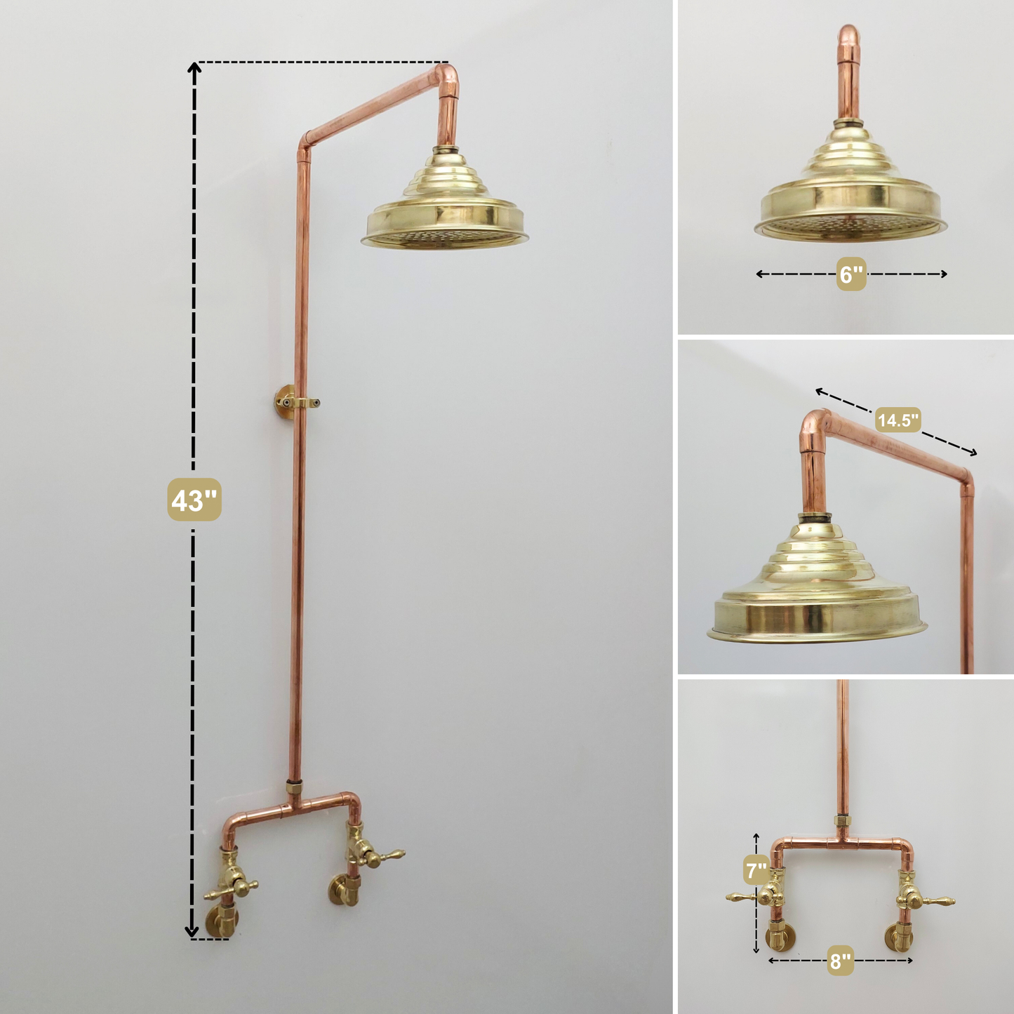 Unlacquered Brass and Copper Shower System with Round Rain Shower Head and Lever handles - Ref: SS-UBC-L-001