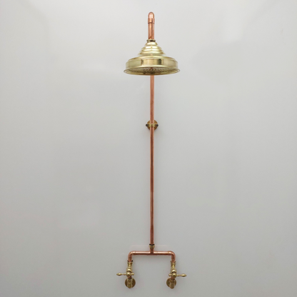 Unlacquered Brass and Copper Shower System with Round Rain Shower Head and Lever handles - Ref: SS-UBC-L-001