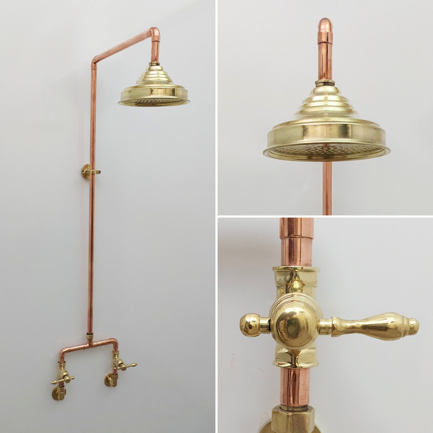 Unlacquered Brass and Copper Shower System with Round Rain Shower Head and Lever handles - Ref: SS-UBC-L-001