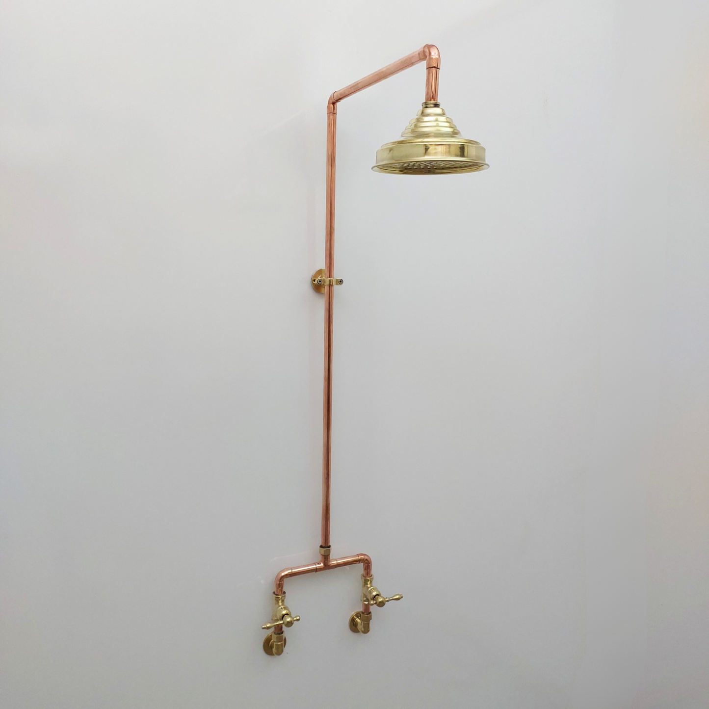 Unlacquered Brass and Copper Shower System with Round Rain Shower Head and Lever handles - Ref: SS-UBC-L-001