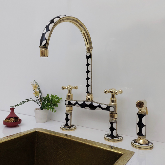 Unlacquered Brass and Resin Bridge Faucet with Sprayer, Antique Brass Faucet with Cross Handles - Ref: BFR1SC