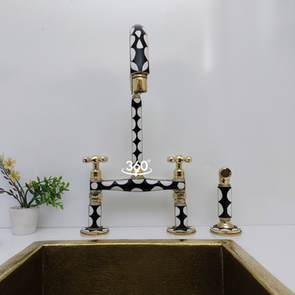 Unlacquered Brass and Resin Bridge Faucet with Sprayer, Antique Brass Faucet with Cross Handles - Ref: BFR1SC