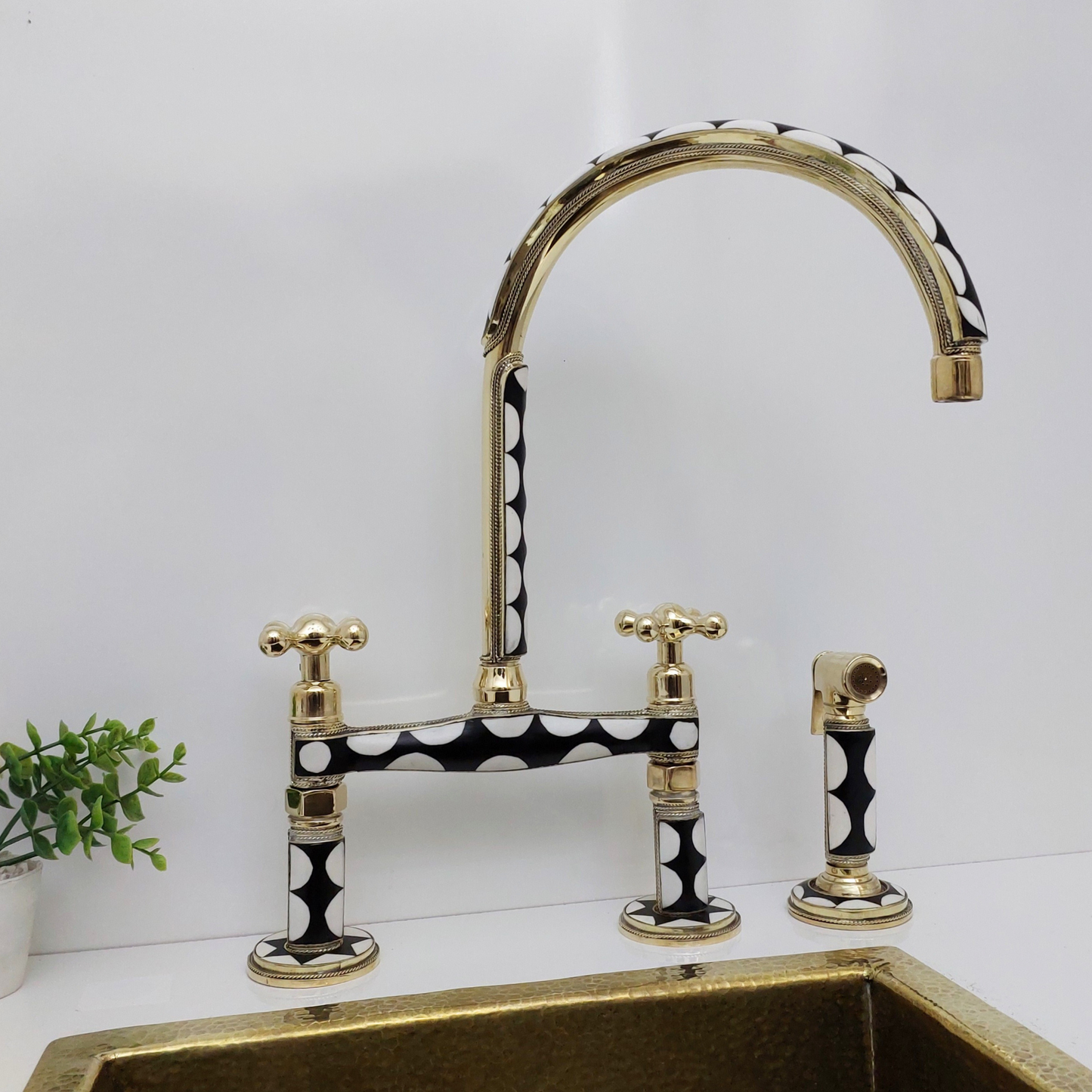 Unlacquered Brass and Resin Bridge Faucet with Sprayer, Antique Brass Faucet with Cross Handles - Ref: BFR1SC