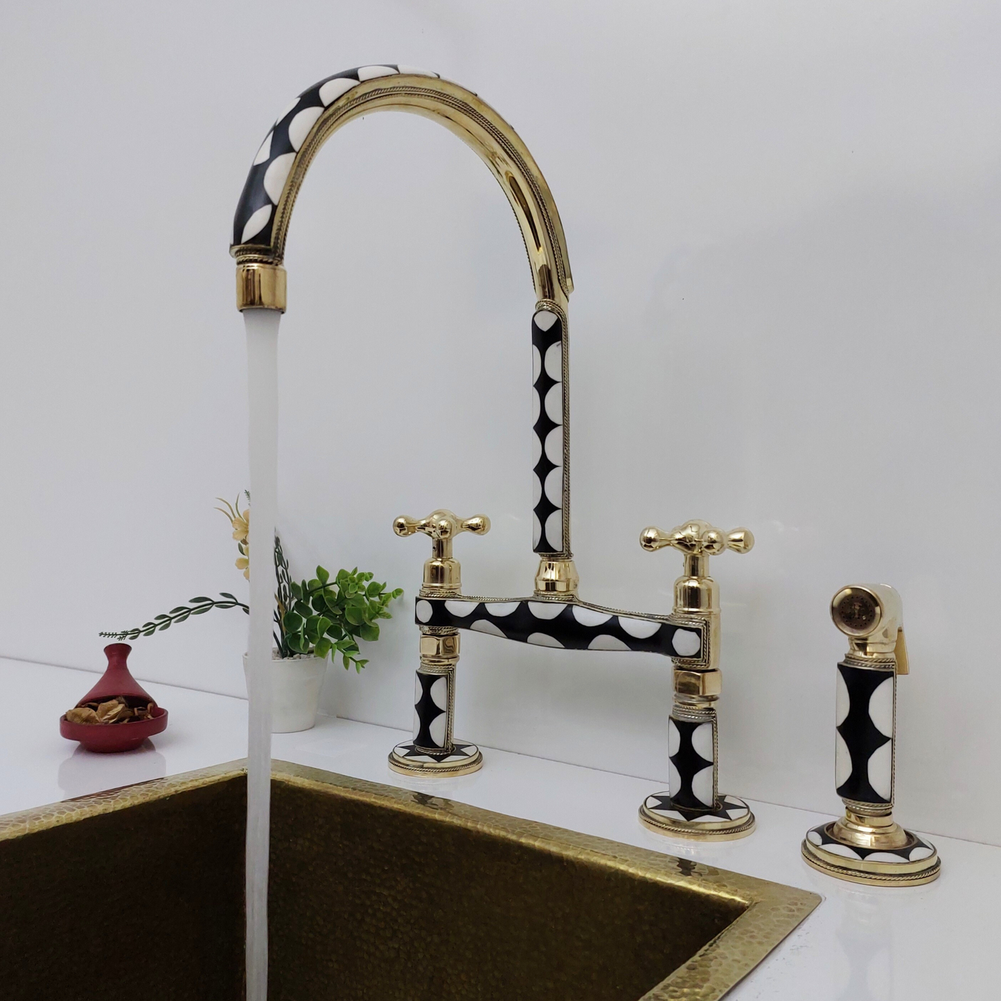 Unlacquered Brass and Resin Bridge Faucet with Sprayer, Antique Brass Faucet with Cross Handles - Ref: BFR1SC